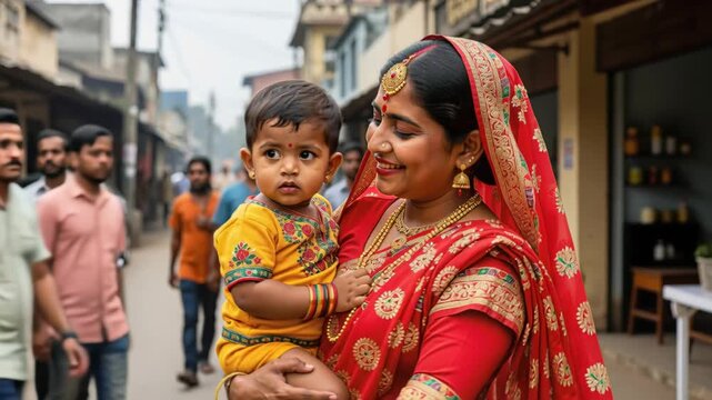 Mother and Child in India: A tender moment captured in India, where a young mother adorned in traditional attire cradles her child as they navigate a bustling street.