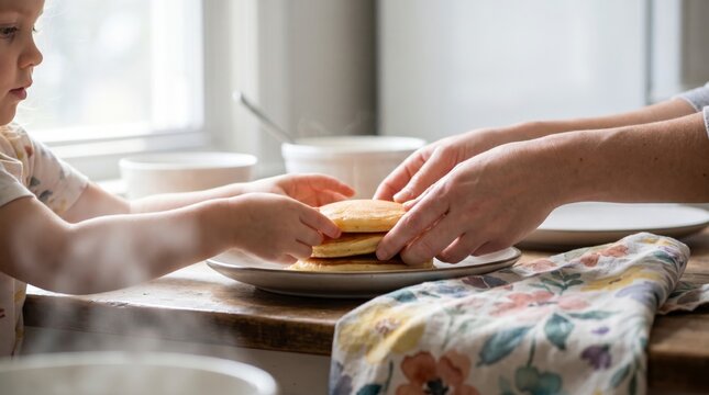 Mother and child stacking warm pancakes together at sunlit kitchen table