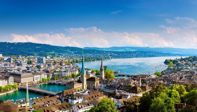 aerial view of zurich cityscape with limmat river and lake zurich