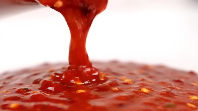 Thick red spicy chili sauce with seeds pouring and dripping on a surface, macro view of hot condiment and texture