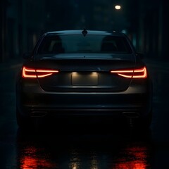 Fototapeta premium Sleek Modern Luxury Sedan Rear View Night Shot with Glowing Red LED Taillights Reflecting on Wet City Street Rainy Atmosphere Cinematic Auto Photography