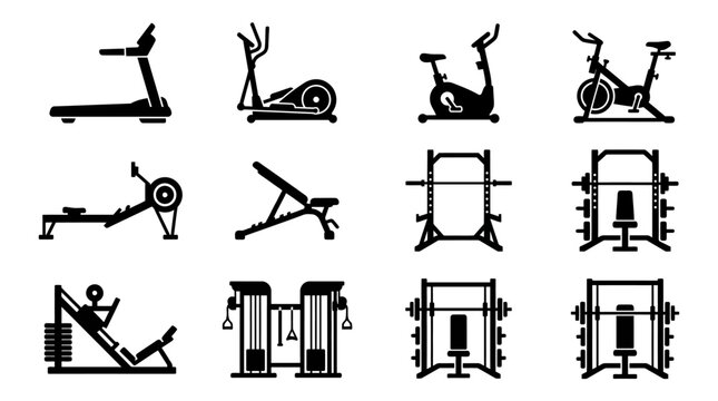 Gym Fitness Equipment Black and White Silhouette Icons Set. Workout Machines: Treadmill, Elliptical, Stationary Bike, Rower, Bench, Squat, Power Rack, Smith Machine.