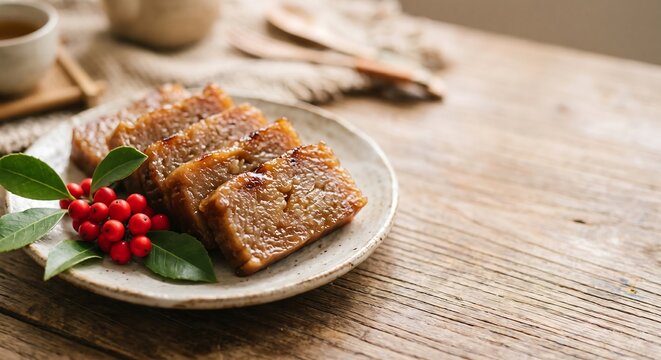 Sliced nian gao cake on ceramic plate with holly berry decoration. Traditional sticky rice sweet for Lunar New Year celebration. Asian dessert served on rustic wooden table background.