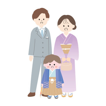 3人家族の七五三のお参り風景｜フラットでかわいい手描きイラスト