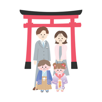七五三のお参りをする4人家族の手描きフラットイラスト