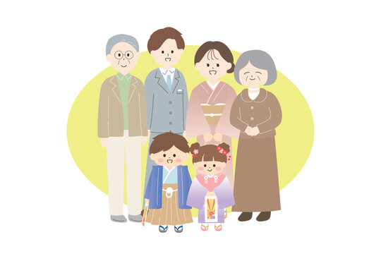 おじいちゃん・おばあちゃんと七五三のお祝いをする家族のイラスト