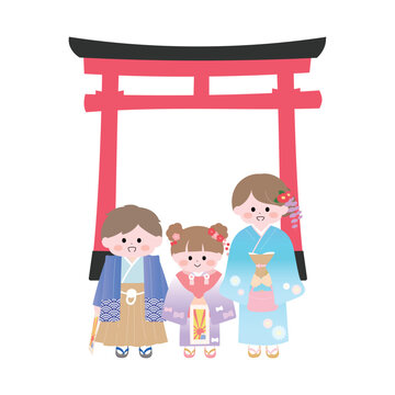七五三のお参りをする子供達（3歳・5歳・7歳）の子どもたちのかわいいイラスト