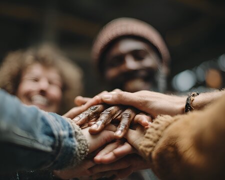 Diverse hands stacked together in a symbol of unity and teamwork with blurred smiling faces in the background