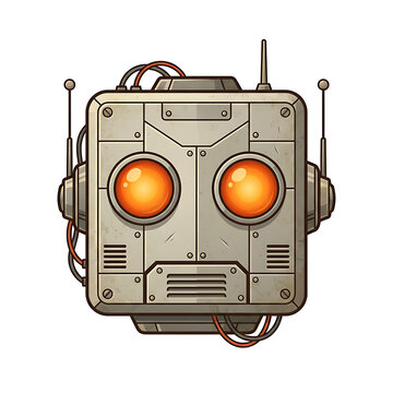 Cute robot head with glowing orange eyes and wires on clean white