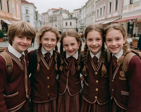 Cheerful boy and girls in maroon school uniforms with backpacks smiling on an urban street