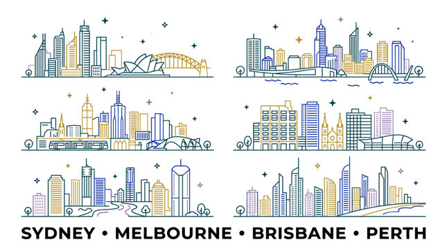 Colorful Australian Capital City Skyline Line Art Collection Featuring Sydney Melbourne Brisbane and Perth Vector Illustration