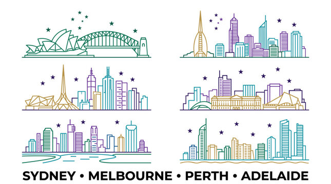 Pastel Gradient Australian Capital City Skyline Line Art Icon Set Featuring Sydney Melbourne Perth and Adelaide Vector Illustration