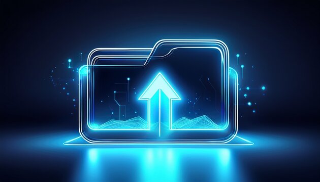 a modern futuristic folder with an upward arrow symbolizing file upload rendered with neon blue highlights on a dark backdrop