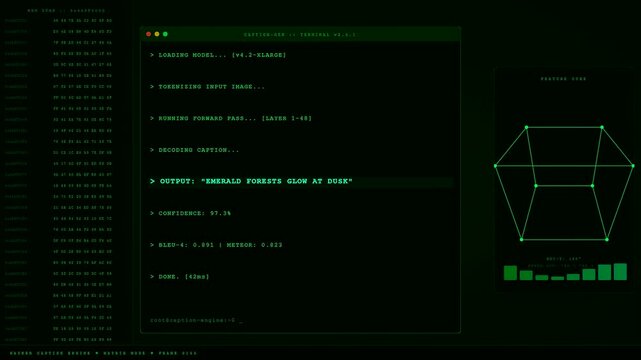 An immersive digital screen shows an AI Generated Caption being processed within a green terminal interface featuring scrolling data and a rotating wireframe cube.