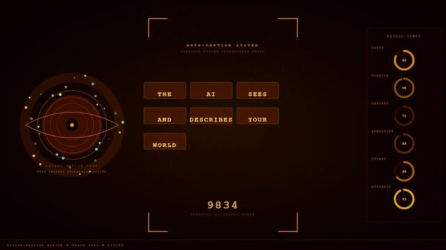 An advanced digital interface creates an AI Generated Caption while scanning environment data with rotating circular sensors and real time numerical updates for a futuristic look.