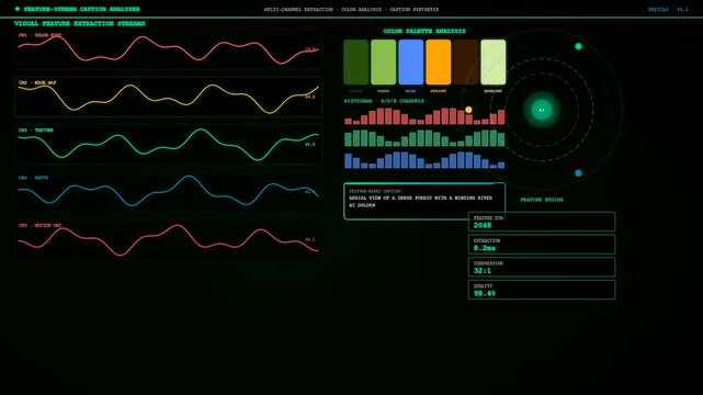 A futuristic monitor displays data as an AI Generated Caption is synthesized through complex visual feature extraction streams and colorful digital signal processing animations.