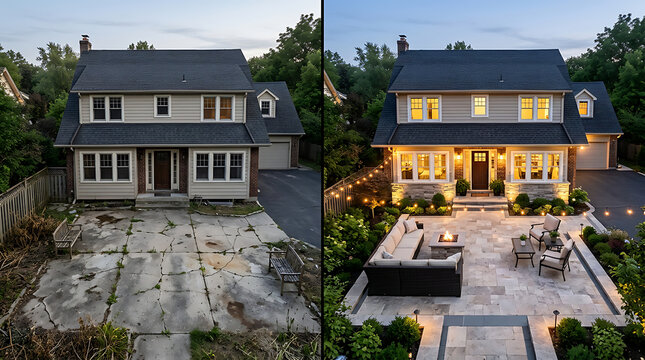 Transformation of a Suburban House Showing Daytime to Nighttime Exterior Enhancement with Cozy Outdoor Living Space