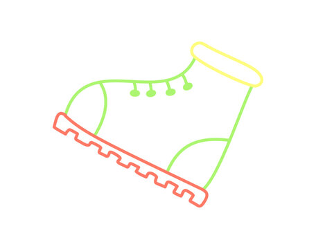 Hiking boot in green outline doodle icon shows adventure and trekking style. Outdoor element for tourist travel and camp expedition, with bold line color for nature trip theme, ideal camp use.