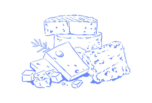 Whimsical french cheese plate in blue ink line style. Gourmet charcuterie meal as cozy brunch food with rustic plate and board. Cute cafe menu element and hand drawn icon for restaurant card or