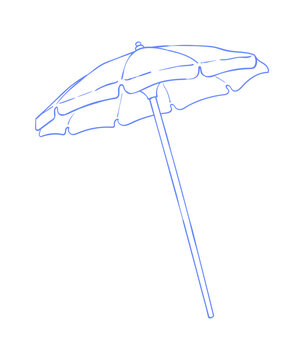 Elegant sea umbrella in blue line art, hand drawn doodle icon for summer beach resort and tropical vacation design. Minimal french style illustration for cards, logos and digital decor.
