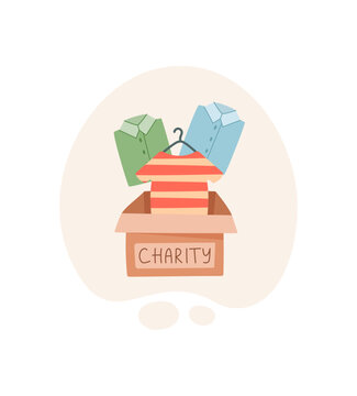 Charity box with neat clothes and bag. Donation box as simple sign of care and help for poor needy people. Warm gift for welfare philanthropy background in soft color cartoon vector icon style