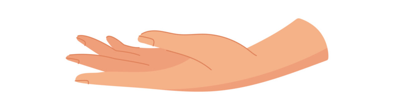Gentle care hand concept in flat style. Open palms show give and love and quiet solidarity. Kind support symbol for charity donation, idea of help for community needy people icon social aid