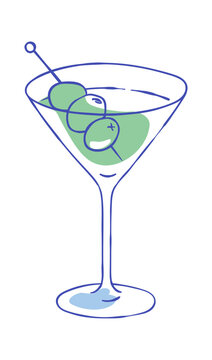 Cocktail glass icon with blue sketch and watercolor element. Italian holiday drink with olive, whimsical party detail. Vacation graphic isolated.