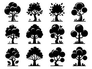 Obraz premium Tree Silhouette Icon Set – Black Vector Trees with Rounded Foliage