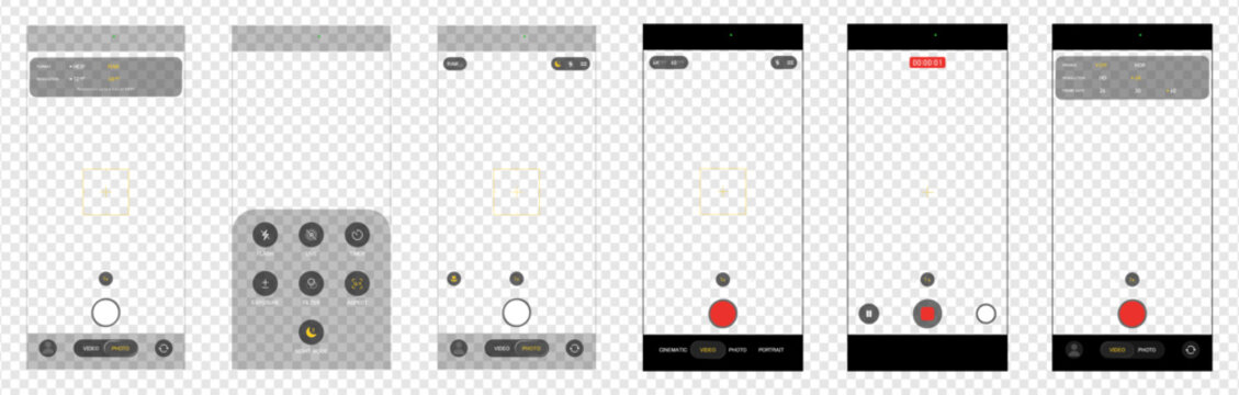 Mobile phone camera rec overlay mockup pack isolated. Recorder cam display. Video or photo recording screen. Viewfinder Layout template. Vector png