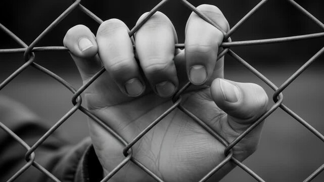 Hand gripping chain link fence