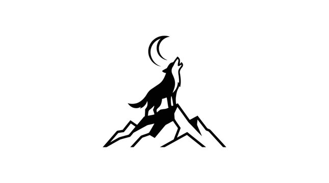Wolf howling at moon on mountain peak illustration