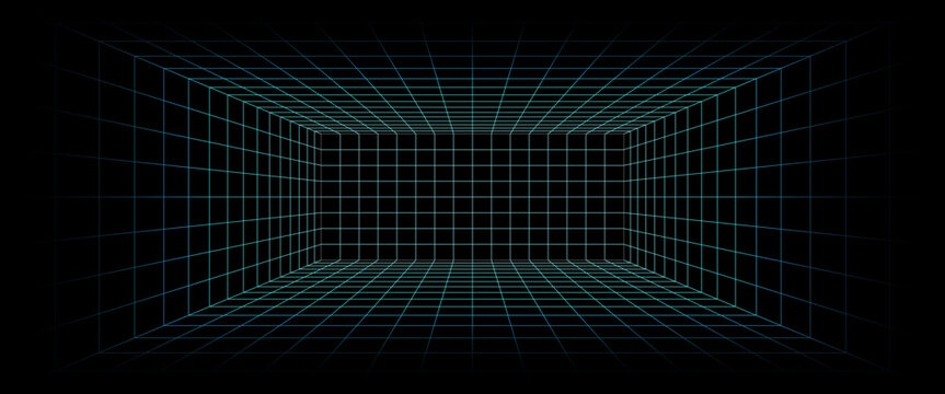 Grid box perspective 3d perspective digital background in cyan style. Cyberspace wireframe laser mesh virtual reality metaverse abstract. VR game bg. Vector illustration