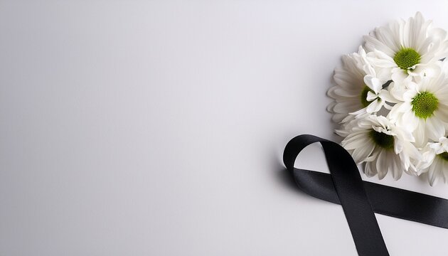 beautiful chrysanthemum flowers and black ribbon on white background condolence card with copy space for text