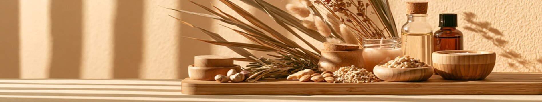 Natural skincare still life with wooden bowls, glass bottles and dried botanicals in warm sunlight