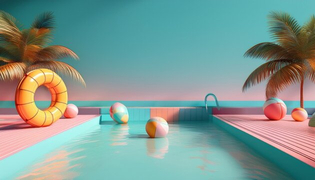 minimalist pastel tropical pool scene with palm trees beach balls citrus slice and lifebuoy modern 3d summer background with copy space