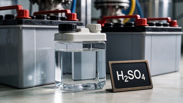 Small glass jar white lid black label reads h2so4 next there car batteries red caps background blurred appears