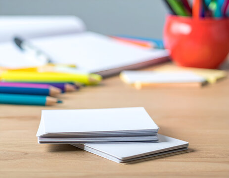 Stack of blank white business cards on a wooden desk with colorful pencils, notepad, and desk supplies, mockup for branding design.