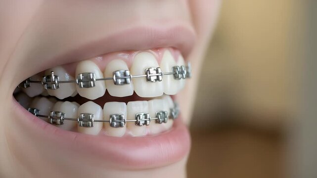 Close up of a person smiling with metallic dental braces on their teeth to show the process of correcting a misaligned bite for a perfect smile