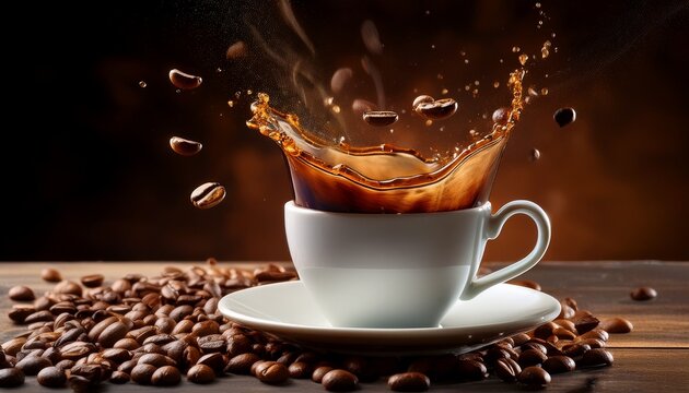 floating coffee cup with dynamic splash and beans in motion