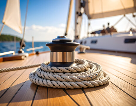 Sailing winch with coiled rope on a teak deck. Close-up of nautical equipment, sailboat rigging, and clean wood flooring on a yacht at sea for marine travel.