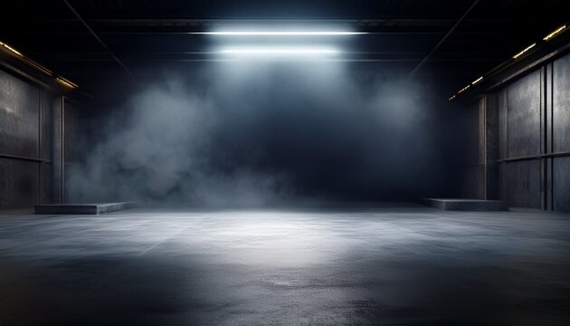 perspective view dark smokey garage interior with spotlight and concrete floor car background and empty stage concept 3d rendering mockup