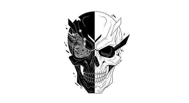 Half human skull half cyborg robotic head.