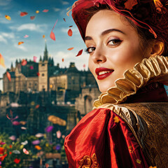 Obraz premium Young woman in historical costume at the Edinburgh International Festival in front of the castle. Performing artist at cultural city event. Celebration of Scottish heritage and art.