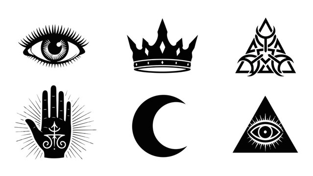 A collection of six distinct occult and mystical symbols, including an eye, a crown, a crescent moon, a hand, and two triangular emblems, presented in a graphic design format.