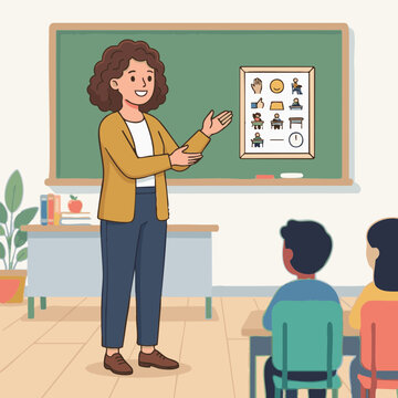Teacher explains classroom rules to students in a classroom at morning or afternoon