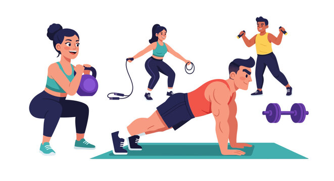 Diverse group of people performing various exercises including kettlebell squats, push-ups, and dumbbell workouts, promoting a healthy and active lifestyle.