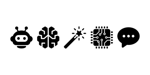 Black icons of robot head, brain, magic wand, circuit board and speech bubble © Top Stock