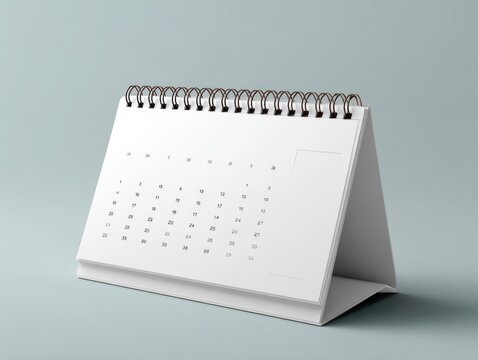 A white desk calendar with spiral binding stands on a light blue surface. The paper is blank, perfect for scheduling