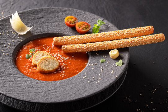 Exclusive and aromatic tomato soup as premium food in restaurant.