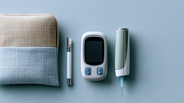 Diabetes test kit with monitor and pen. Medical health concept.